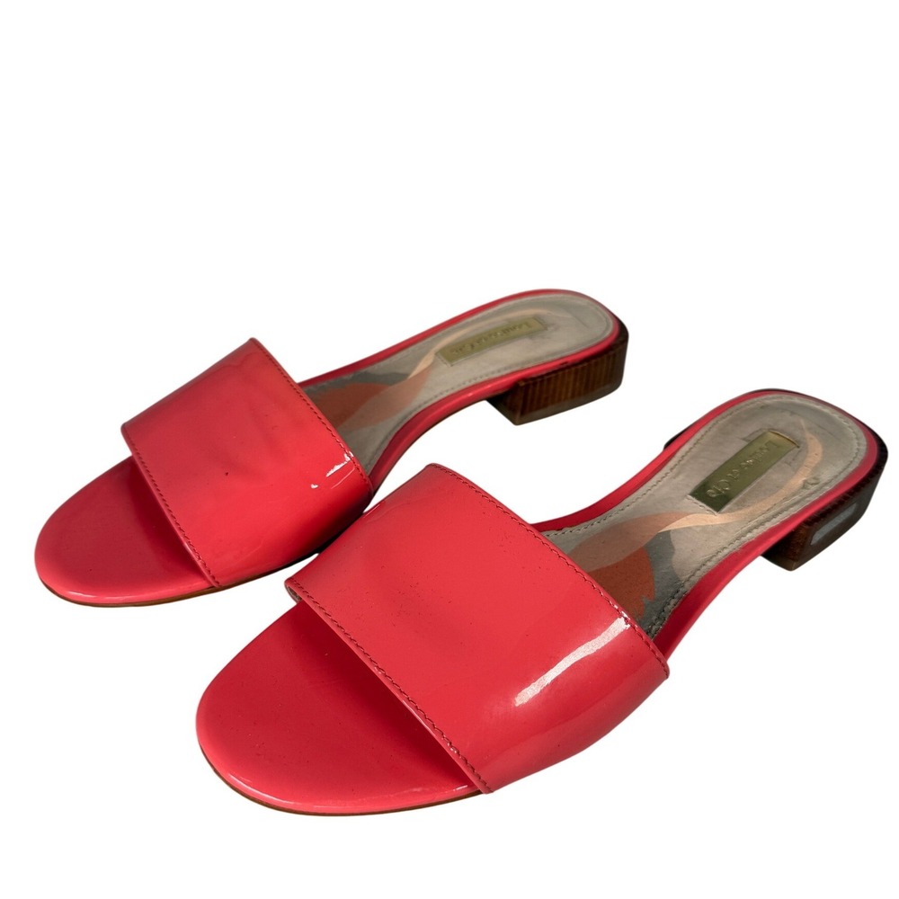 Louise et Cie Coral Pink Patent Leather Slide Sandals Block Heel Size 6M 36.5